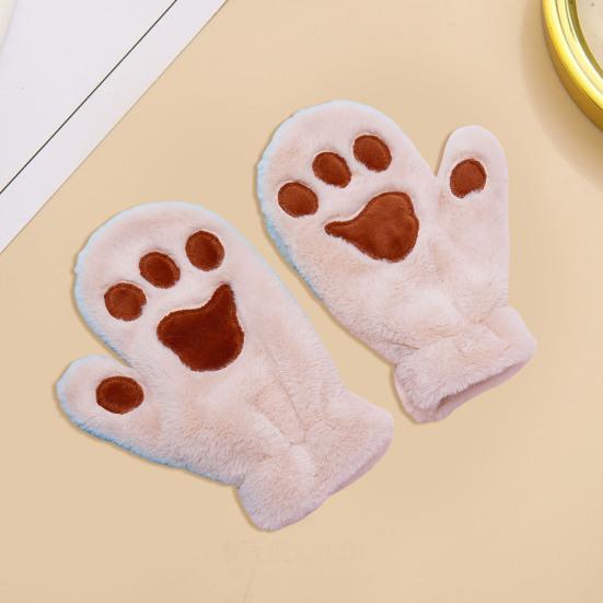 1 Pair Women Winter Mittens Cartoon Cat Paw Shape Thick Plush Anti-slip Heat Retention Outdoor Skiing Cycling Gloves