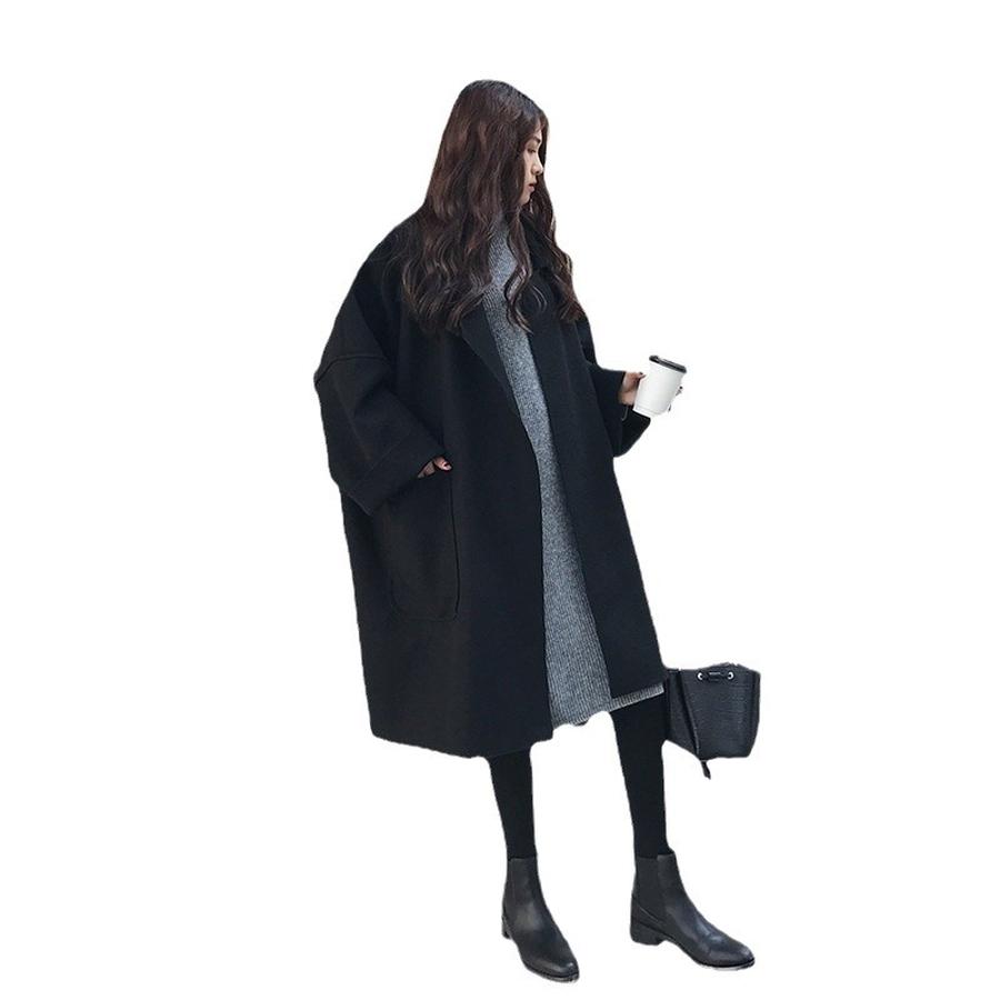 Plus Size Autumn Women's Korean Style Wool Coat Long Length Overcoat for Large Size (200 lbs) Loose Cape