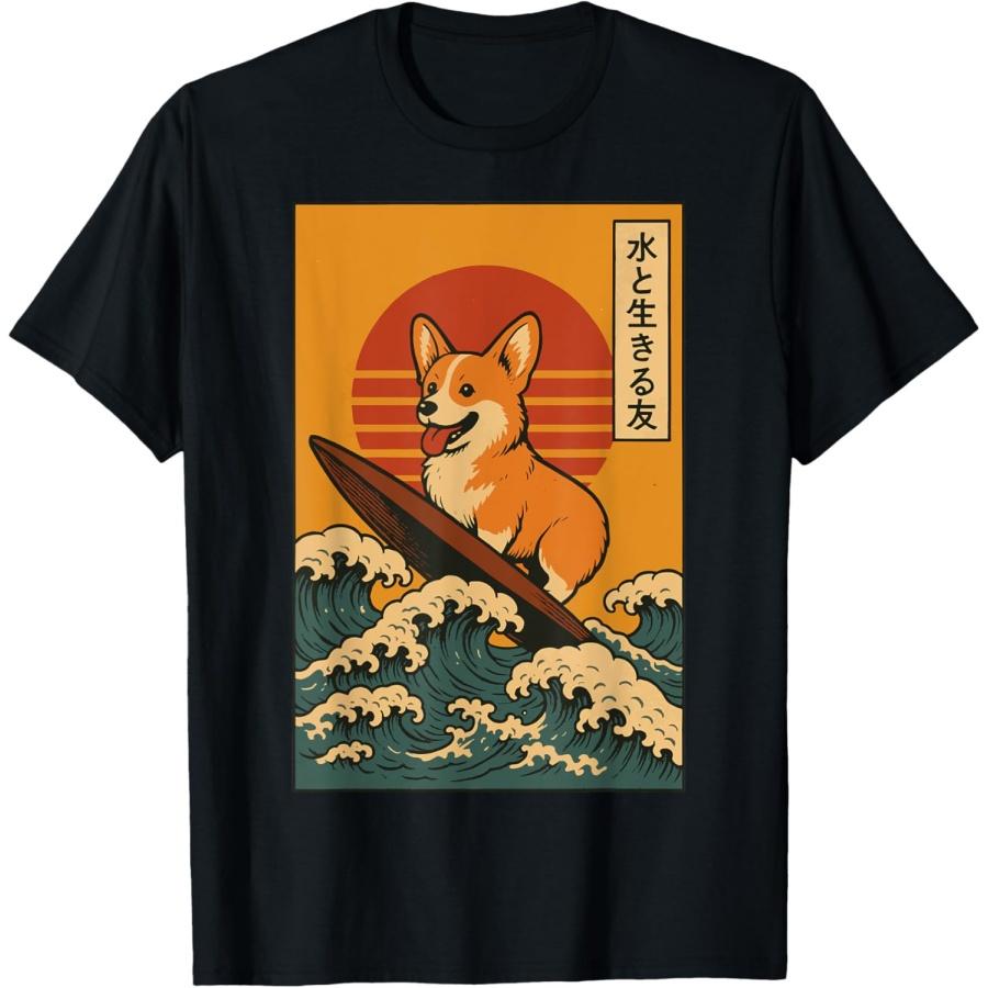 Corgi Surfing Japanese T-Shirt XXXXXL чёрный