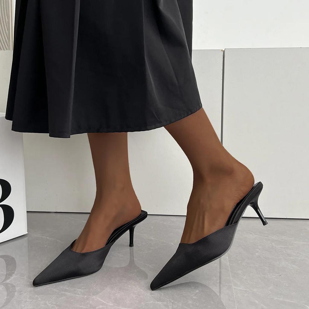 Fashion 35-42 Pointed Fine High Heel Half Slippers Female French Elegant Temperament High Heels Black Leisure Slippers Zapatos De Mujer