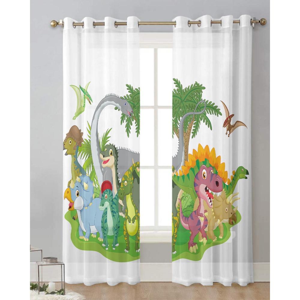 Kreskówkowy Dinozaur Białe Przezroczyste Zasłony do Dekoracji Salonu Zasłony Okienne do Kuchni Tiulowe Woalowe Organzowe Zasłony