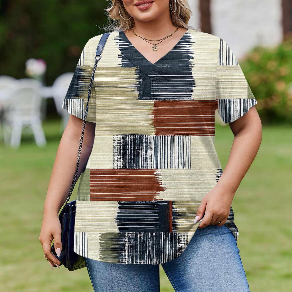 Women's Plus Size Fashionable Casual Loose-Fit Short Sleeve Elegant V Neck Blouse For Work
