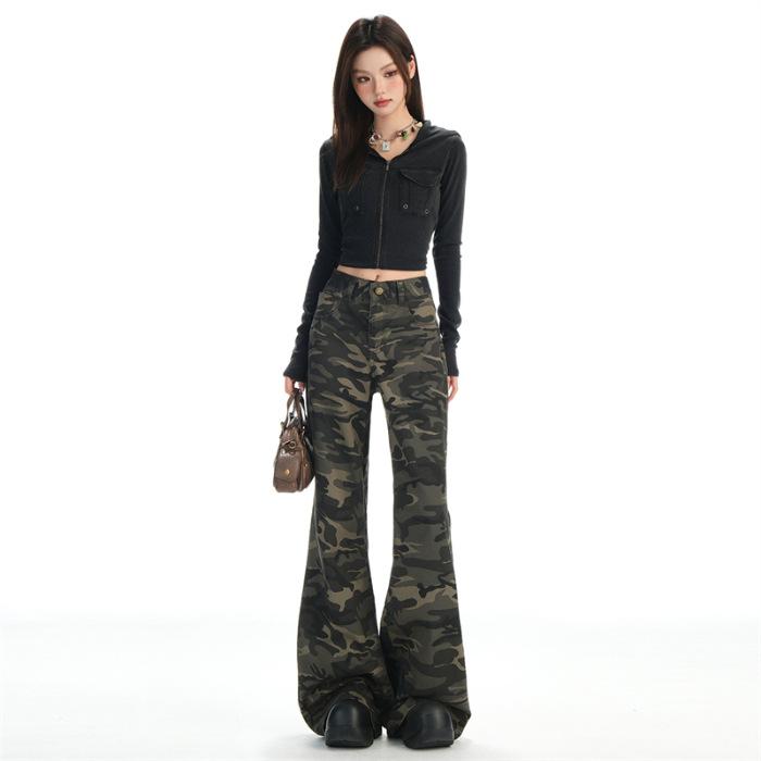 Autumn New Low-waist Non-stretch Mildly Spicy American Printed Camo Flap Pocket Design Workwear Jeans Women's Cotton
