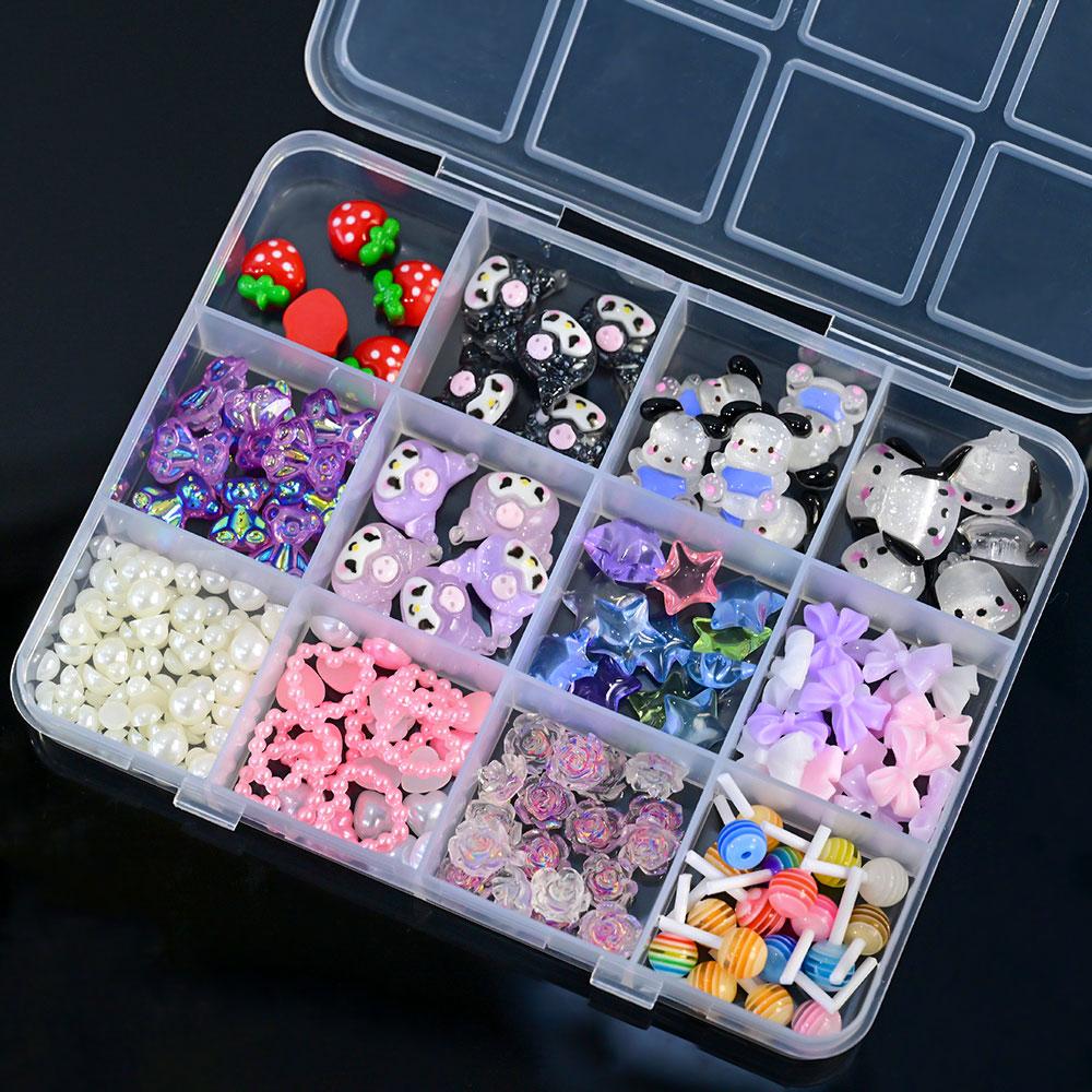 12 Grids Hawaii Black Skin Hello Kitty Nail Charms Summer Vibe Coconut Dolphin Acrylic Nail Art Decoration Manicure Accessories