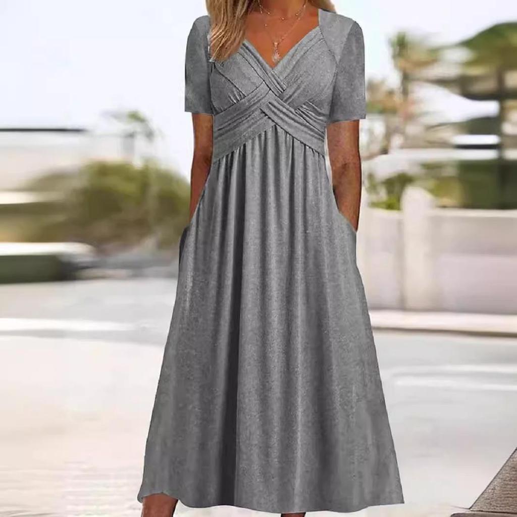 Womens Summer Long Dress V-Neck Short Sleeve Pullover Maxi Dresses Casual Beach Dress