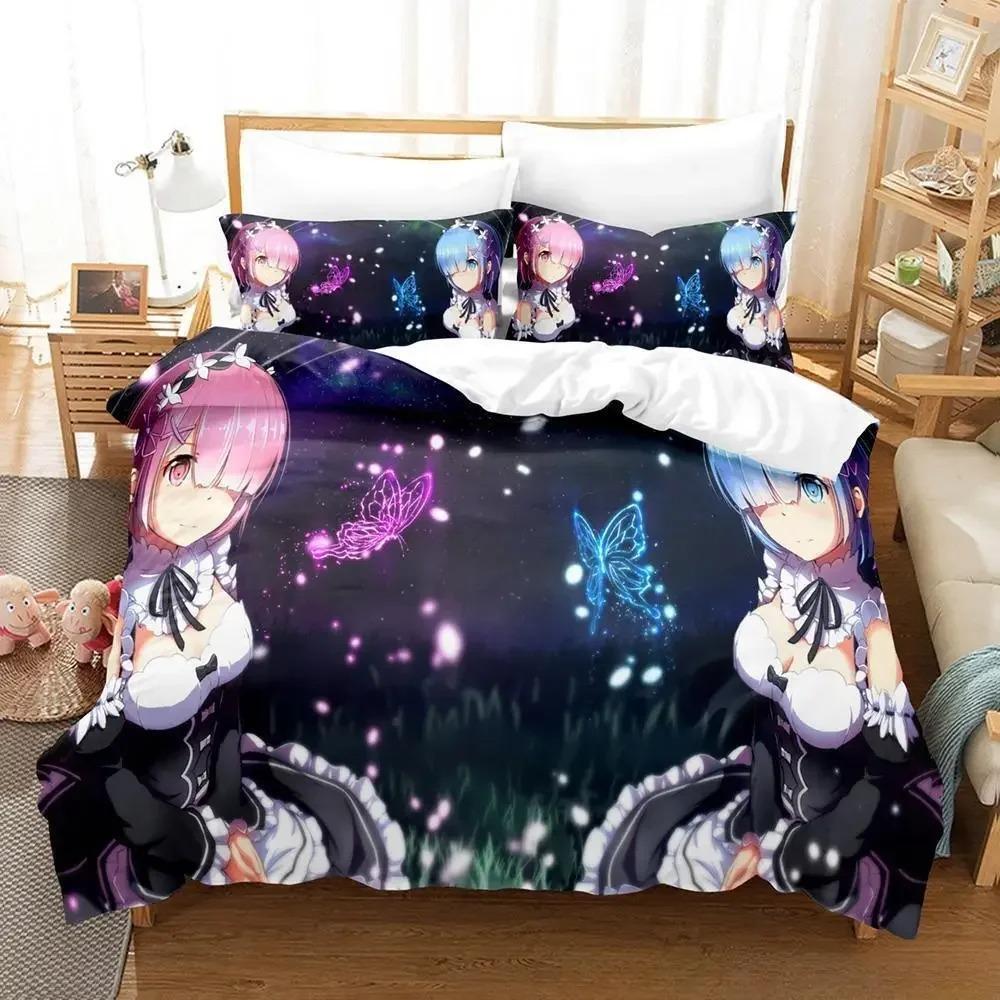 New Re Zero Rem Ram Bedding Set Cartoon Anime three-piece set Adult Kid Bedroom Duvet cover Sets 3D Kawaii Girl Home textile
