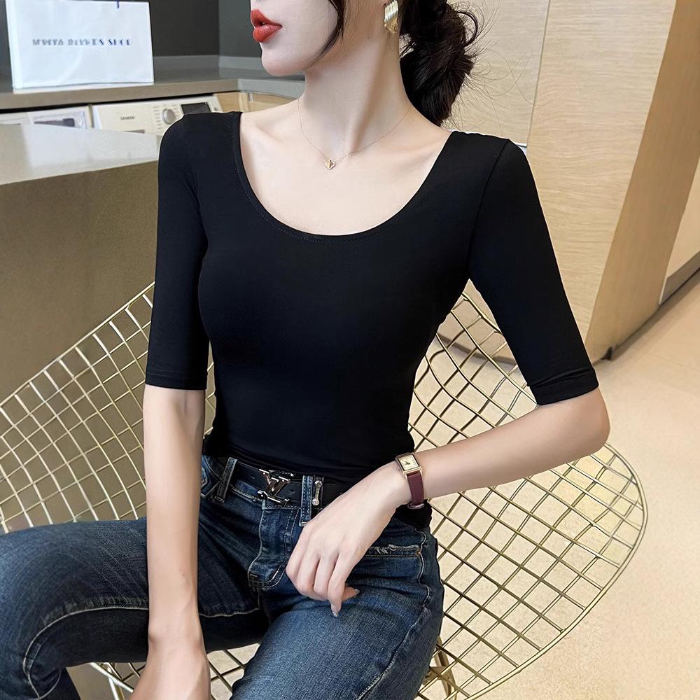 Women's Black Slim-Fit Modal Half-Sleeve Round Neck T-Shirt