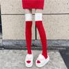 Women's Plush Christmas Red Thigh-High Socks - Cozy Winter Patchwork Stockings