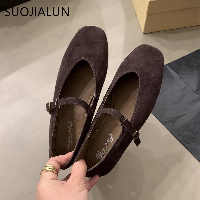 Fashion SUOJIALUN 2024 Autumn Women Flat Shoes Fashion Round Toe Ladie Ballerinas Shoes Soft Flat Heel Outdoor Casual Mary Jane Shoes