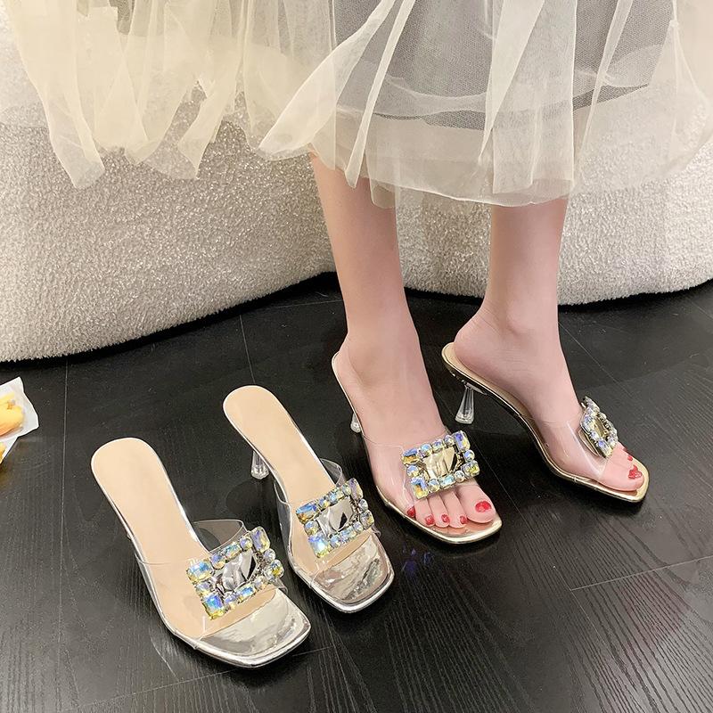 Square head rhinestone high heels sandals women's new slippers summer crystal sandals women's shoes