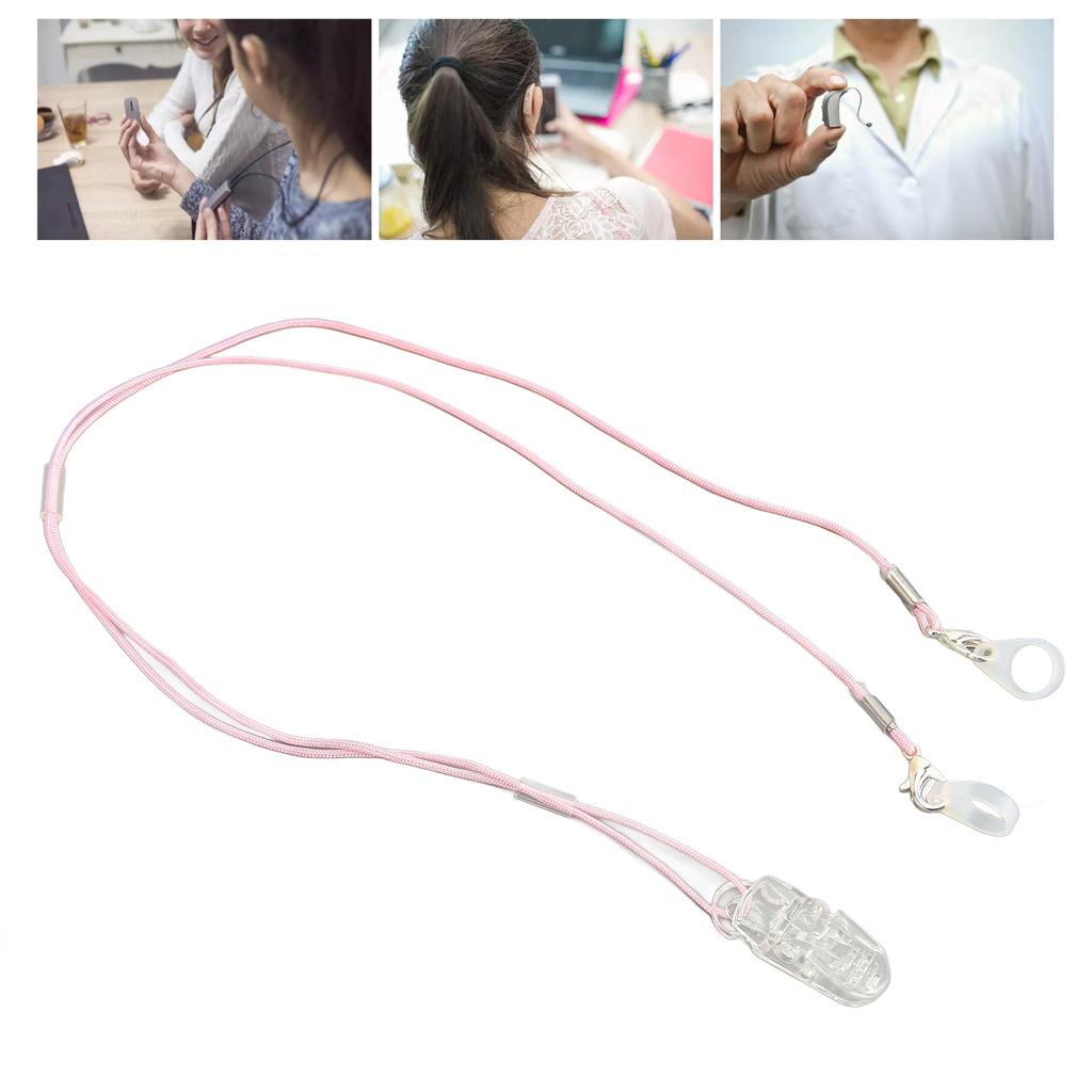 Hearing Aid Holder Transparent Clip Pink Rope Nylon Easy Fixing Hearing Aid Lanyard for Gardening Wo