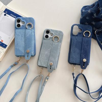 Crossbody Cards Solt Wallet Cowboy Ring Holder Case For iPhone 16 Pro Max 15 Plus 14 13 12 Long Lanyard Wristband Denim Cover