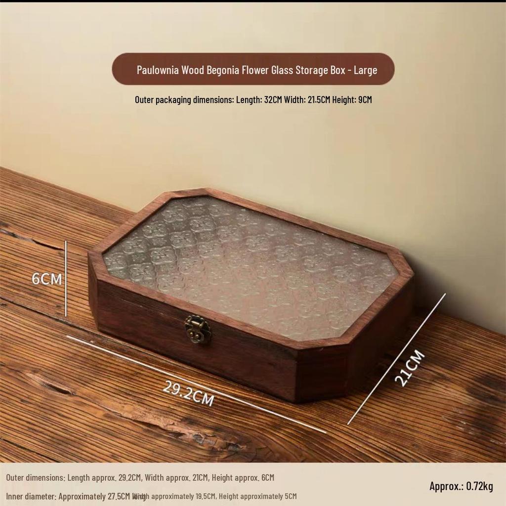 Crabapple Flower Glass Retro Wooden Storage Box for Desktop Sundries and Dressing Table Decor