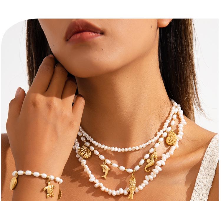 Elegant Pearl and Stainless Steel Beach-Style Necklace & Bracelet Set for Women
