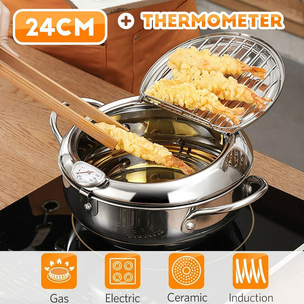 2L Silver Japanese Style Deep Frying Pot Thermometer Tempura Fryer Pan Temperature Control Fried Chicken Pot Cooking Tools Kitchen Utensil