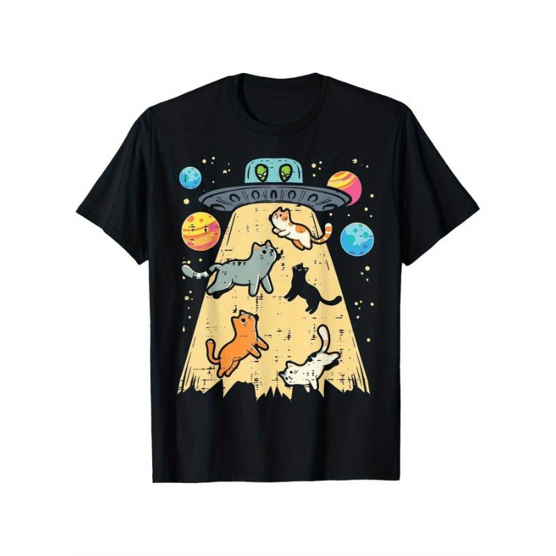 Rolig rymdskeppskatt UFO-bortföring T-shirt Svart mönster kortärmad bomull rundhalsad unisex casual modekläder
