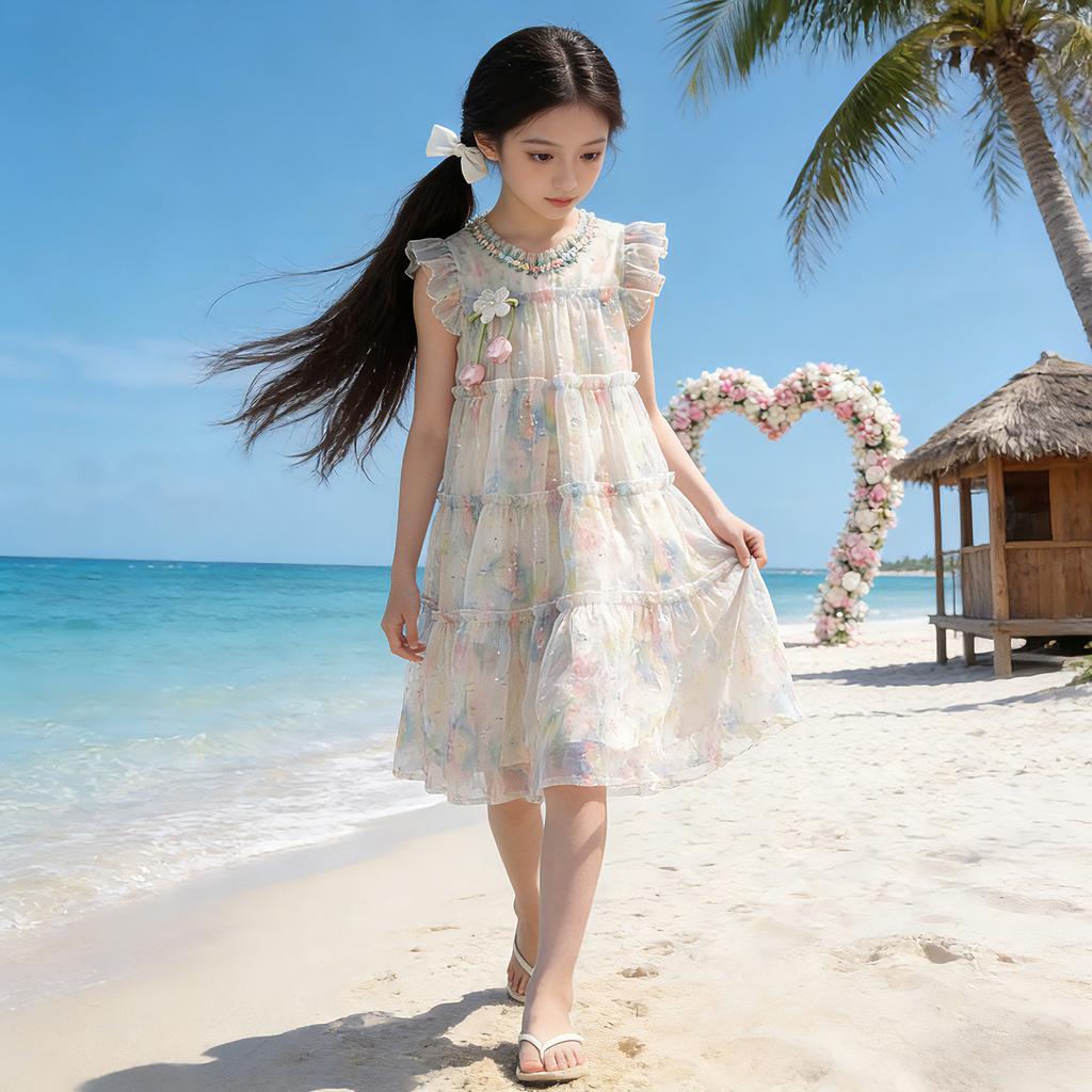 Girls' Summer Tank Top Skirt 2026 New Style Children's Sweet Little Girl Seaside Sprinkle Silver Flower Flying Sleeve Dress