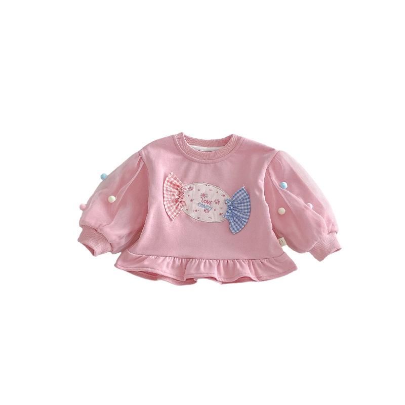 Girls' Korean Style Spring 2026 Mesh Pom-pom Hoodie – Trendy Floral Baby Layer Top