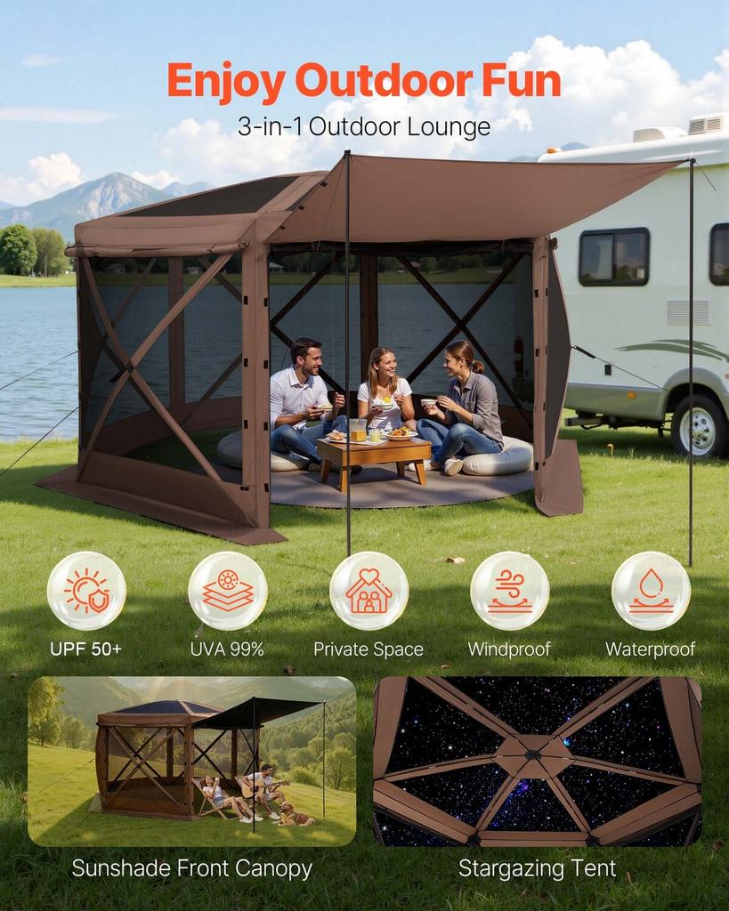 Pop up Gazebo Screen Tent, 3.6 x 3.6 m Large 6-Sided Camping Canopy Tent with Removable Top & Carry Bag, Quick-Set & Bite-Proof, Screen House Sun
