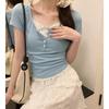 Fake Two-piece Lace Short-sleeved T-shirt Spring and Summer New Pure Lust Spice Girl Slim and Thin Shoulder Bottoming Top