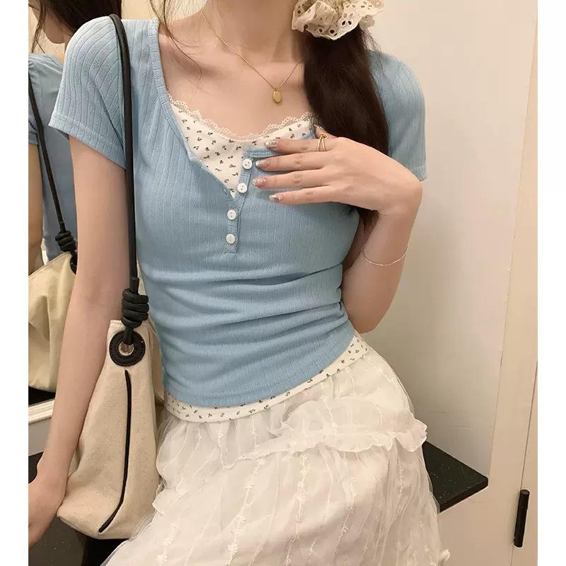 Fake Two-piece Lace Short-sleeved T-shirt Spring and Summer New Pure Lust Spice Girl Slim and Thin Shoulder Bottoming Top