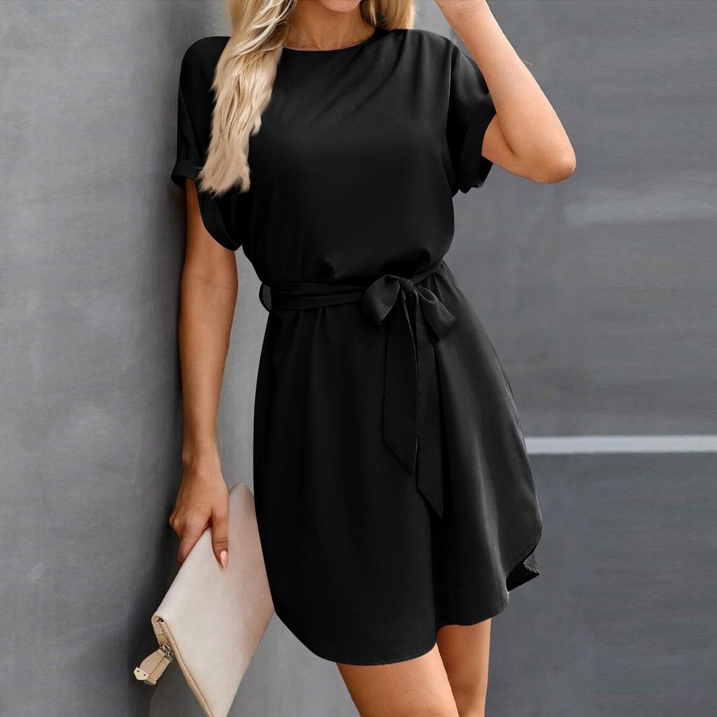 Womens Summer Short Dresses O Neck Casual Batwing-Short Sleeve Belted Dress For Women