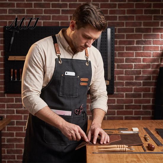 Catering And Chef Apron Canvas Work with Multi-Pocket, Waterproof Oil-Proof Cross-Back Apron, Protective for Cleaning Adjustable Straps Kitchen