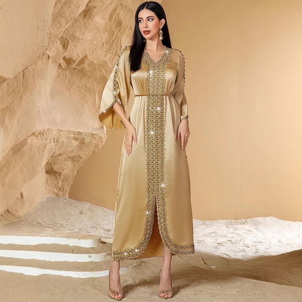Womens Muslims Abaya Dress V Neck Long Sleeve Abayas Dress Islamic Full Length Kaftan Daily Casual Dress Gifts