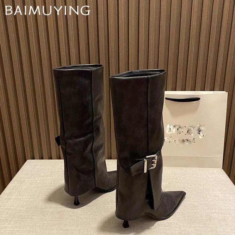 Pointed Toe Women High Boots Leather Fad Sexy High Heels Shoes 2025 Trend Designer Buckle Pumps Knee High Winter Botas De Mujer
