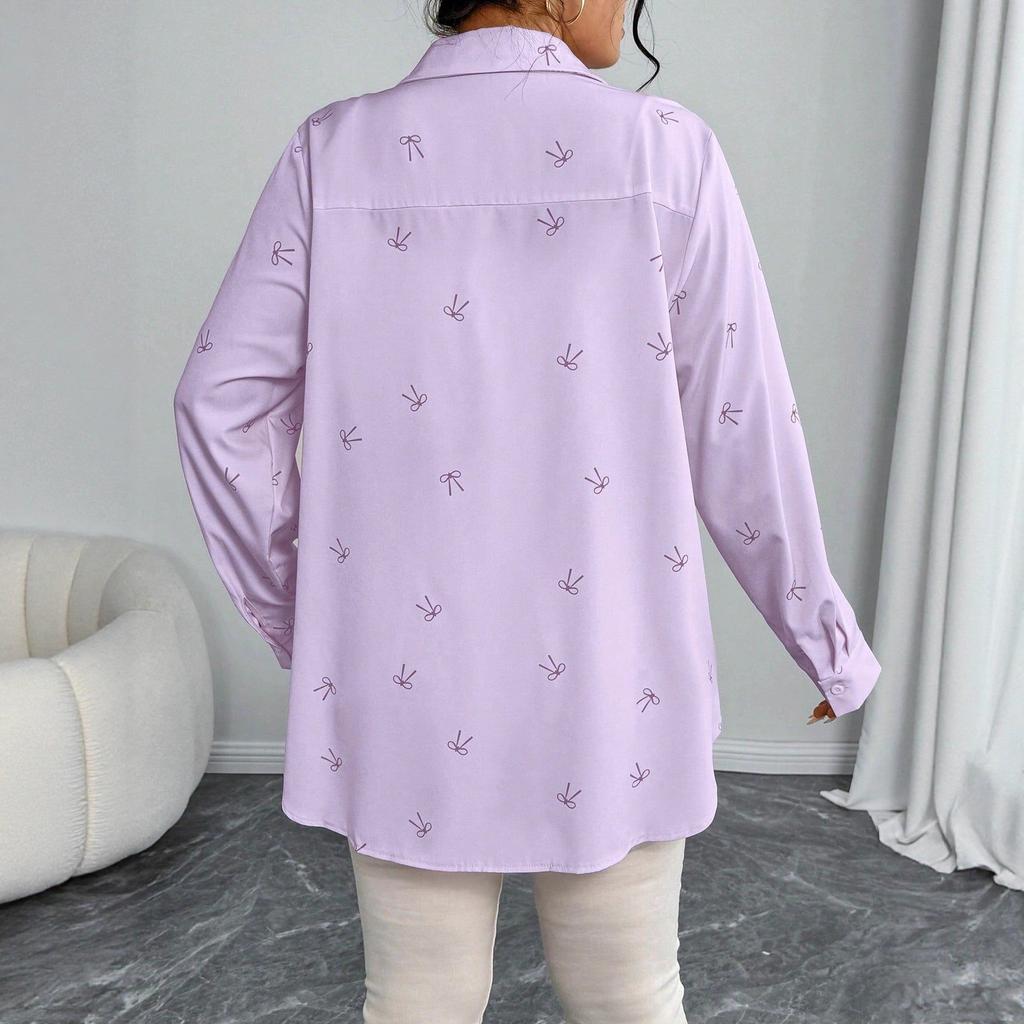 New Large-sized Women's Shirt Jacket Autumn Loose Bow Print Long-sleeved Casual Shirt