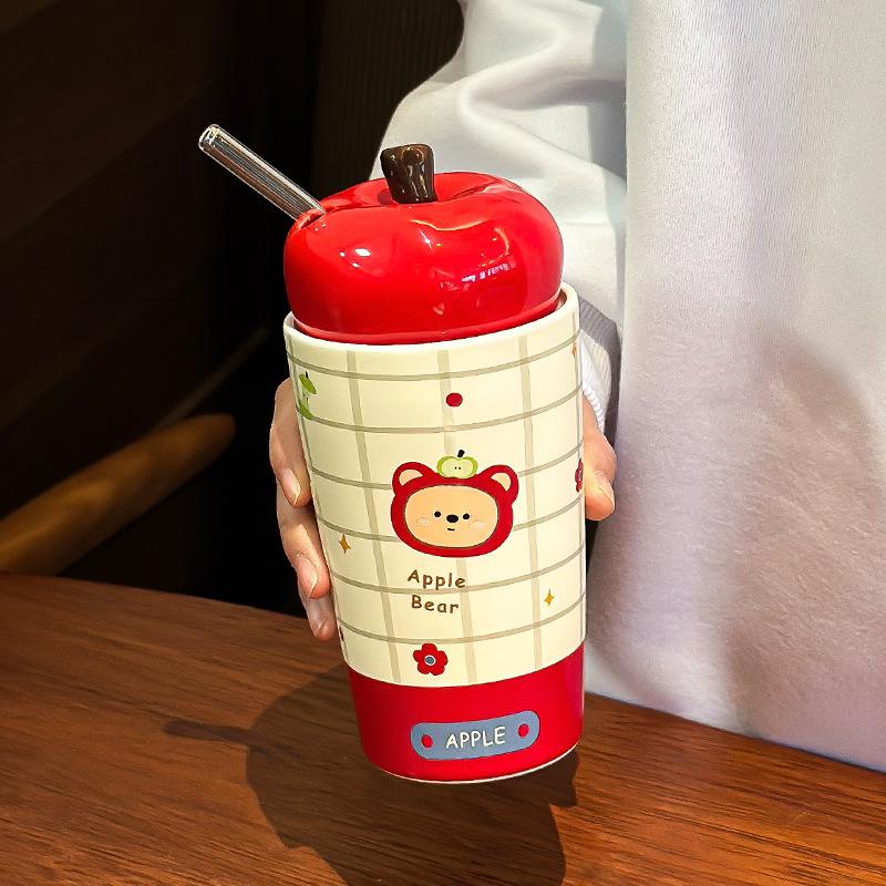 Roter Apfel Bär Keramiktasse Hochpräzise Niedlich Große Kapazität Wasserbecher Weiblich Feiertagsgeschenk Strohbecher