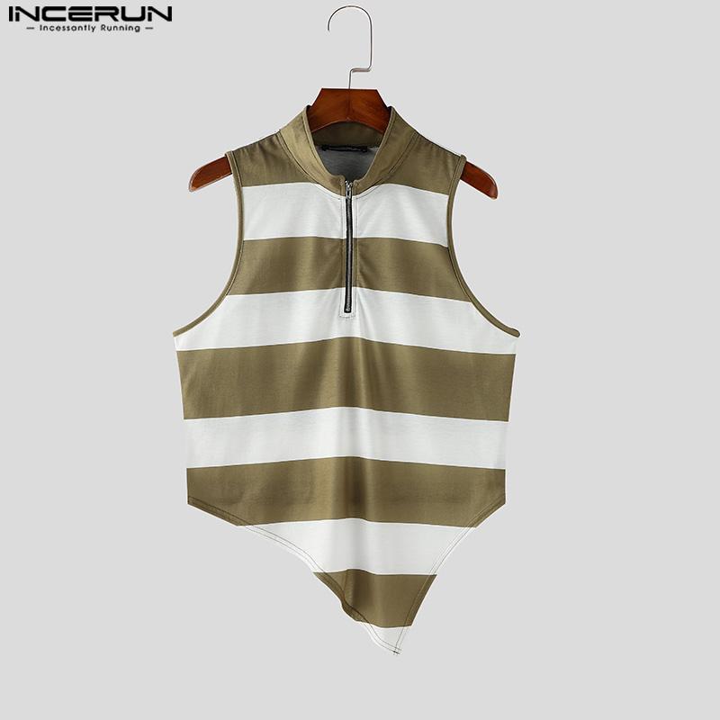 INCERUN Men Zip-up High Neck Sleeveless Striped Irregular Casual Crop Tank Tops