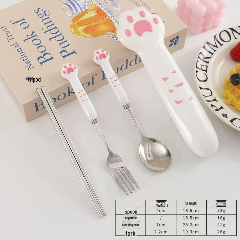 Entzückendes Katzenpfoten Edelstahl Besteckset: Löffel, Gabel und Essstäbchen - Niedliches Cartoon-Design, Tragbares dreiteiliges Set.