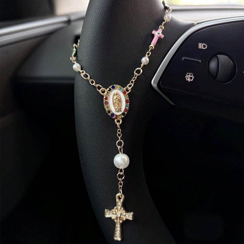 1pc Pink Pearl Cross Steering Wheel Rosary Ornament, Rosary Car Pendant Accessory, Unique Fashion Car Decor Accessory
