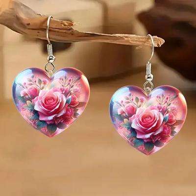 1 Pair Hook Earrings Rose Flower Pattern Heart Shape Charm Drop Earrings Vibrant Color Mother Day Gift Jewelry Accessories