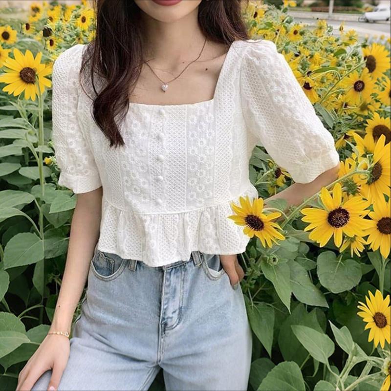ZANZEA Women Square Collar Summer Embroidery Casual Short Sleeve Blouse M