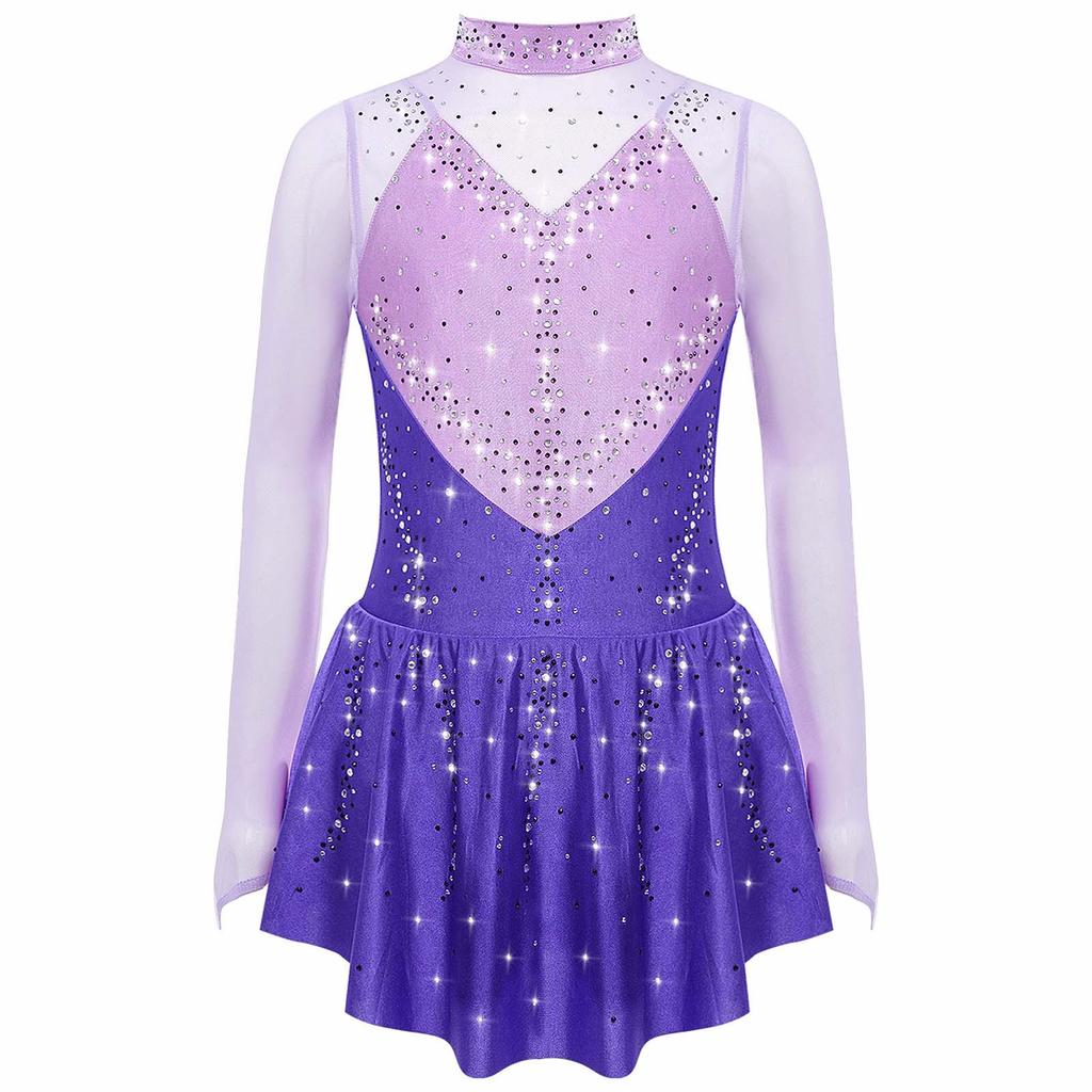Jenter Skøytekjoler Dansedrakter Mock Neck Langermet Fargeblokk Gjennomsiktig Mesh Patchwork Skinnende Rhinestones Kjole