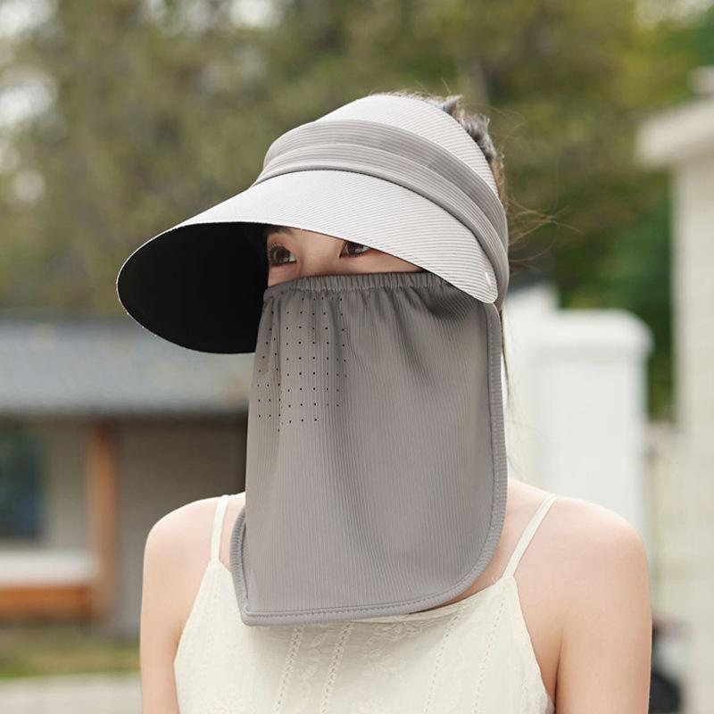 

Summer Hats For Women With Mask Large Brim Breathable Empty Top Foldable Sunscreen Ladies Sun Hat Face Neck Protection Visor Cap 55-60cm молоко, білий колір