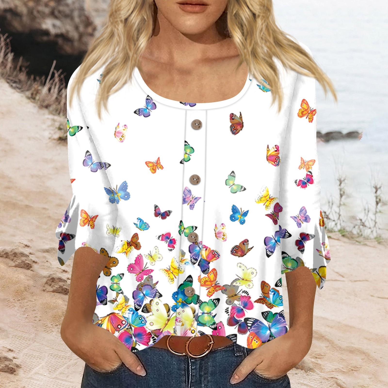 

Women s Fashion Casual 3/4 Sleeve Printed Round Neck Decorative Button T-Shirt Top XXXL білий
