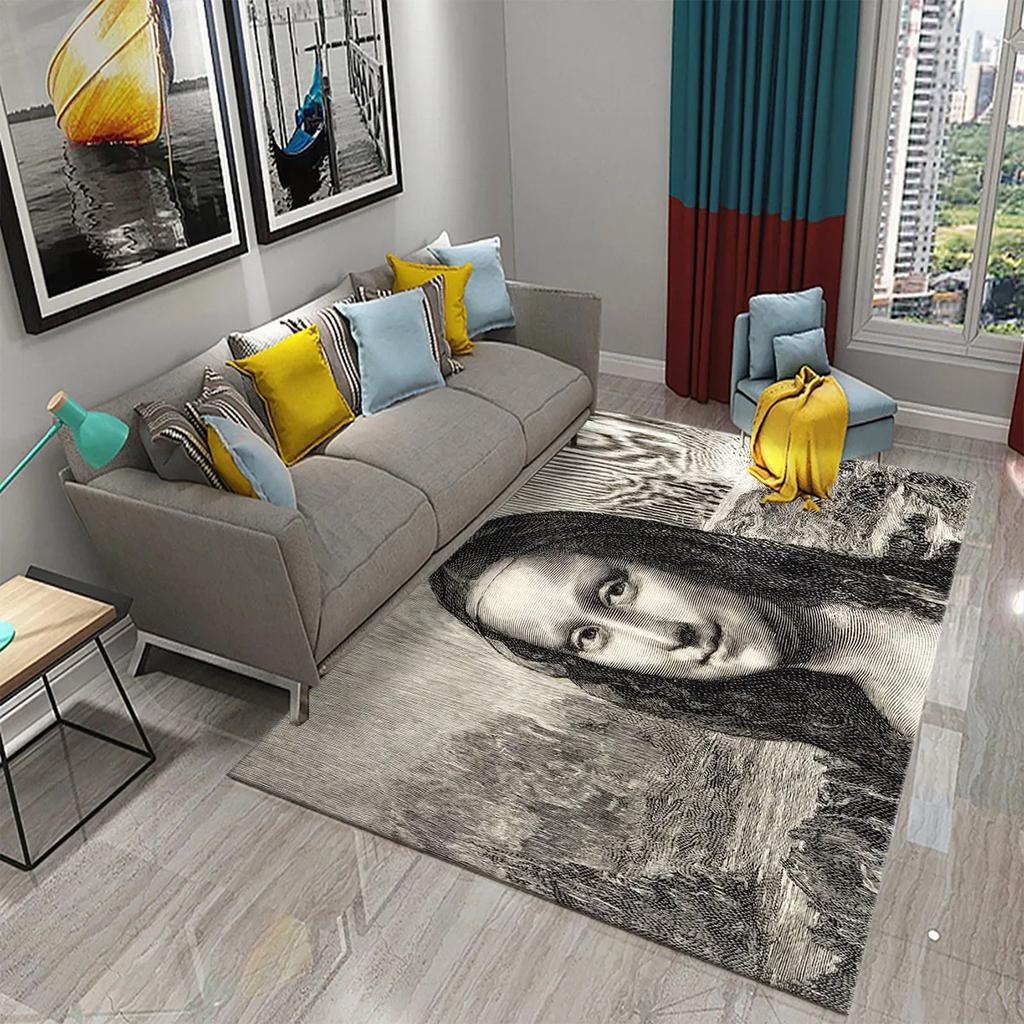 Funny Mona Lisa Oil Painting Carpet Home Decor Painting Mat for Living Room Bedroom Kitchen Bathroom Non-slip Floor Area Mats