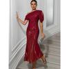 Womens One Shoulder Sequined Geometric Print Mermaid Evening Dress