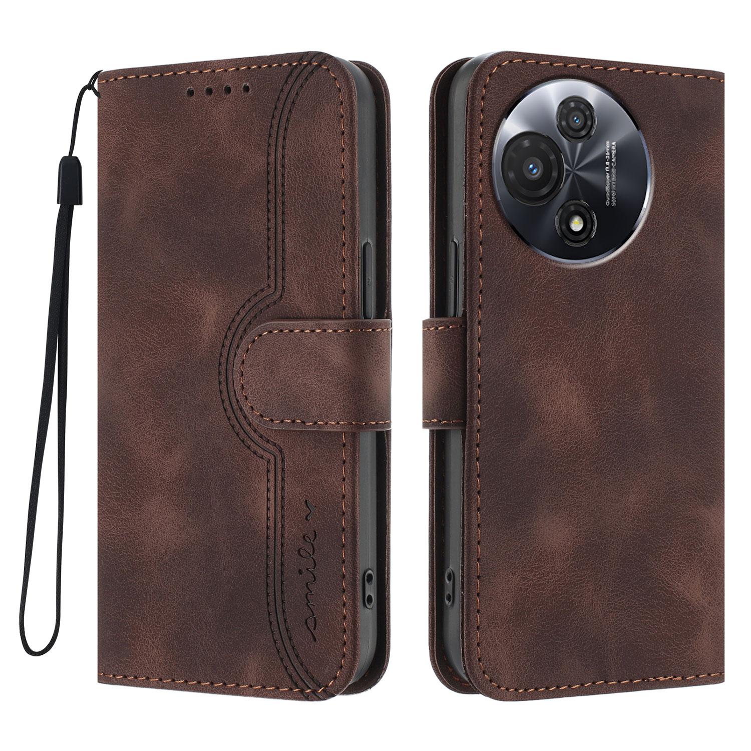 

For TCL 60R 5G Leather Case Wallet Stand Smile Imprinted Phone Cover with Strap Coffee