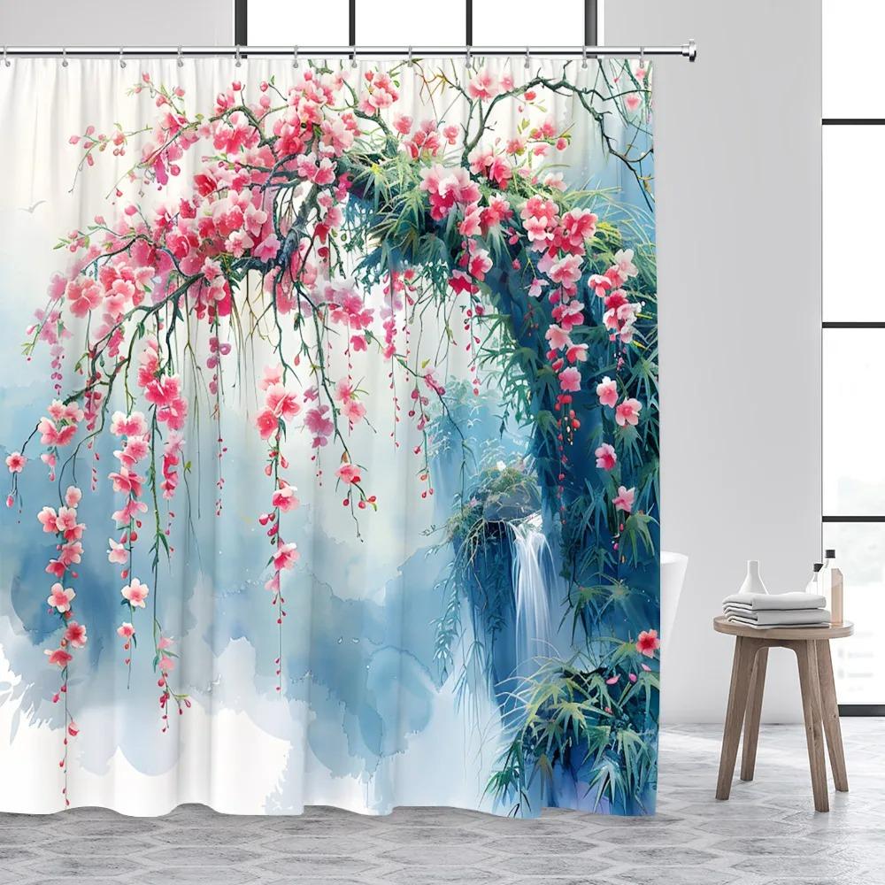 Japanese Style Ink Landscape Shower Curtain Sea Waves Crane Koi Fish Mountain Waterfall Plant Floral Bathroom Curtains Decor Set