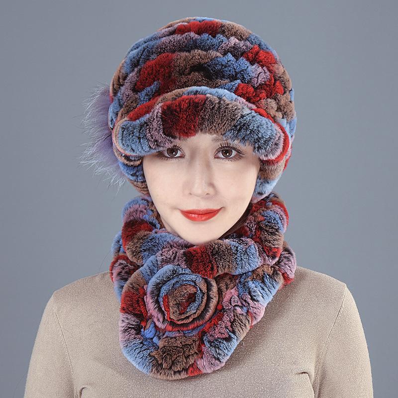 New Rex rabbit hair hat women's autumn and winter ear protection fur woven real hair medium and old thickened versatile scarf set