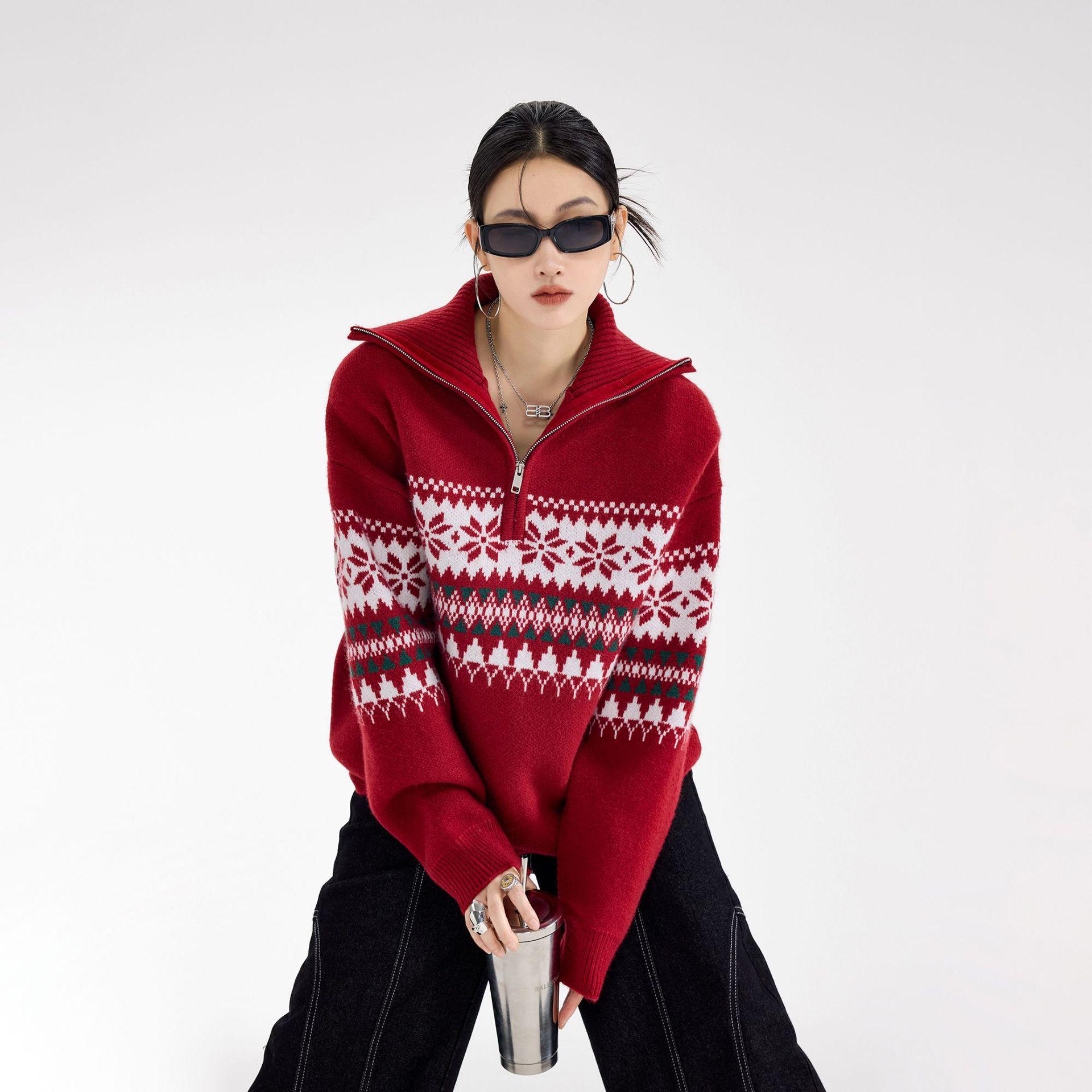 Unisex Red Fair Isle Half-Zip Sweater - Trendy Autumn/Winter Knitwear Pullover M