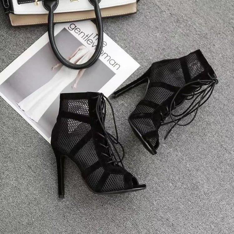 Summer New Black Mesh Suede Fashion Cross Strap Sexy High Heel Sandals Big