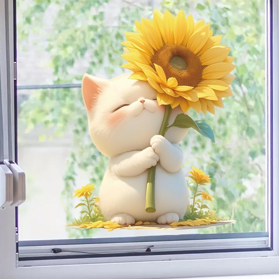 Cute Cartoon Fresh Cat Holding Flowers Window Stickers, Self-Adhesive Double-Sided Visible Decor for Bedroom Dorm Room Study Room Decoration