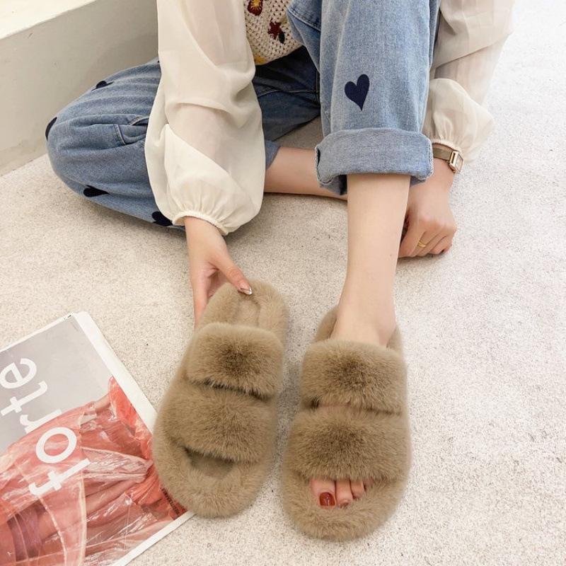 Autumn and winter new double with fluff mop outer wear fashion casual women's one-word cotton slippers flat bottom home plush slippers
