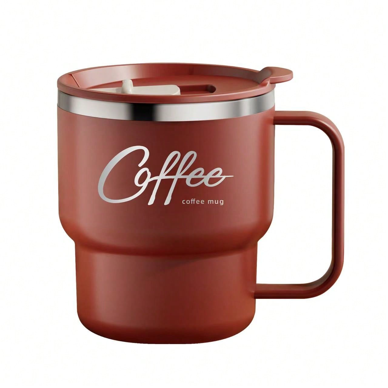 304 Stainless Steel Coffee Mug with Handle & Lid, Double Layer Thermal Insulated Coffee Cup, Anti-Scalding Milk Tea Water Cup Red