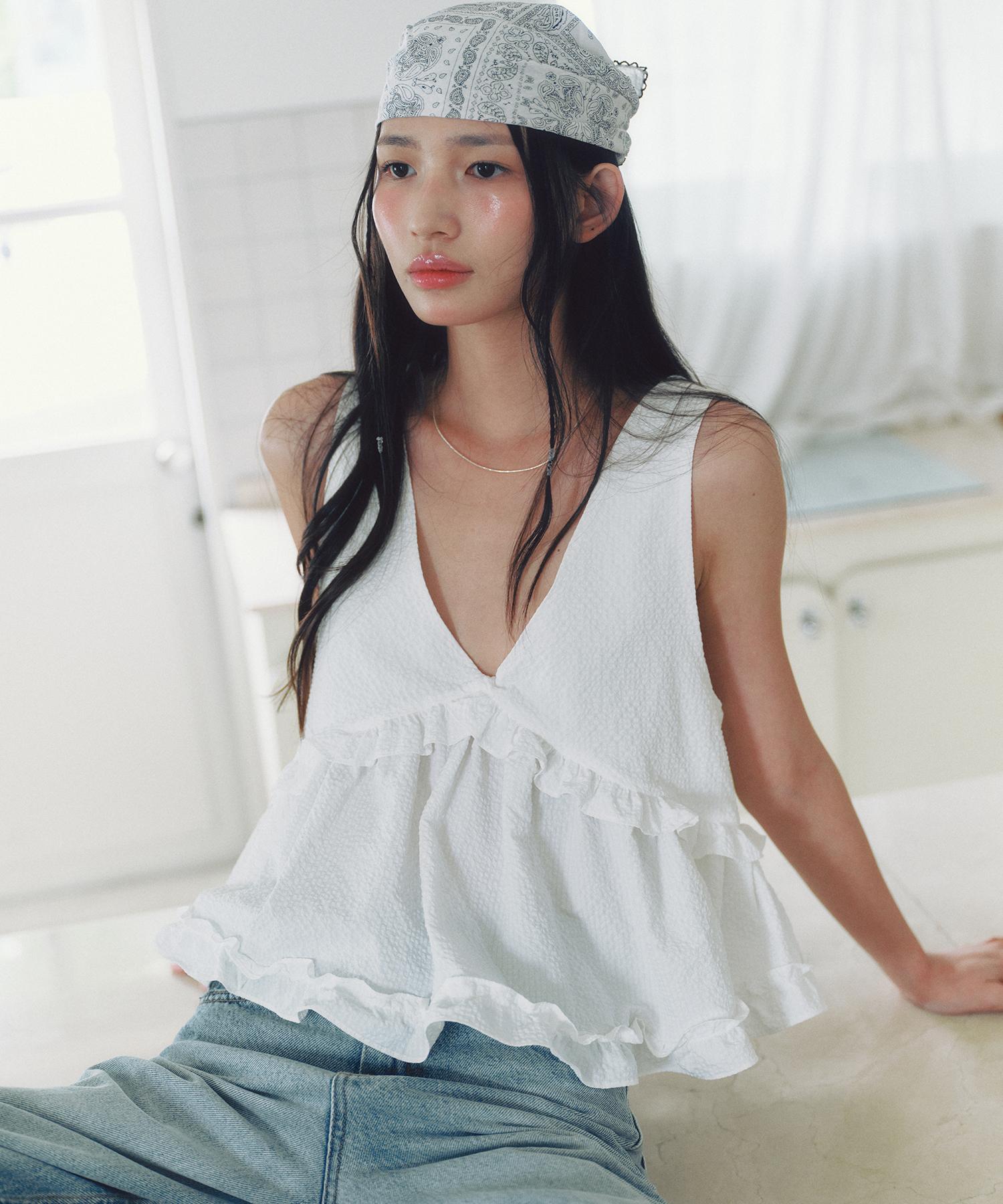 Ceme V-Neck Frill Sleeveless Blouse(Wt) White/Free